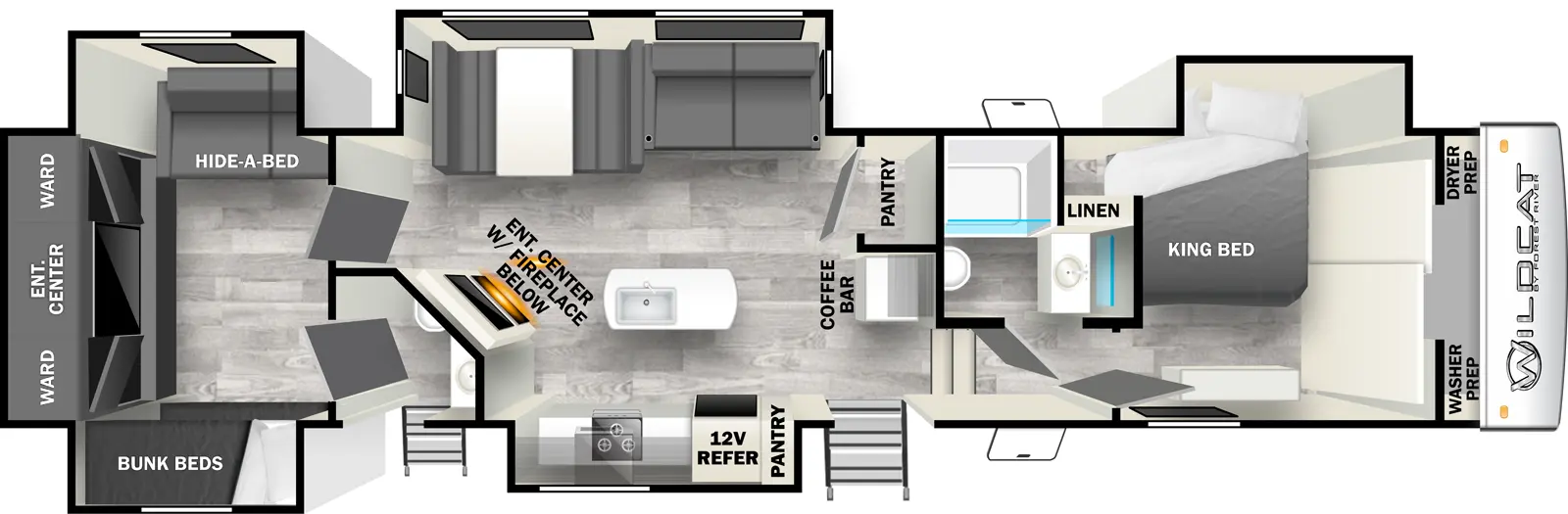 The 37BEST has four slideouts and two entries. Interior layout front to back: front wardrobe with washer/dryer prep, off-door side king bed slideout and linen closet; off-door side full bathroom; steps down to entry and main living area; coffee bar and pantry along inner wall; off-door side slideout with sofa and dinette; kitchen island with sink; door side slideout with pantry, 12V refrigerator, and kitchen counter with cooktop; angled entertainment center with fireplace below along inner wall; rear bunk room with off-door side hide-a-bed slideout, rear entertainment center with wardrobes on each side, and door side slideout with bunk beds, and half bathroom with second entry.